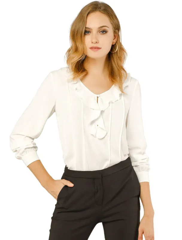Women's Ruffle V Neck Chiffon Blouse for Office Work Pleated Vintage Shirt sold by Allegra K
