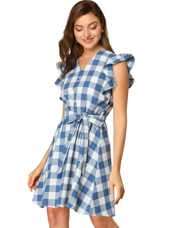 Women's Ruffled Sleeve Belted Vintage Check Plaids Dress sold by Allegra K