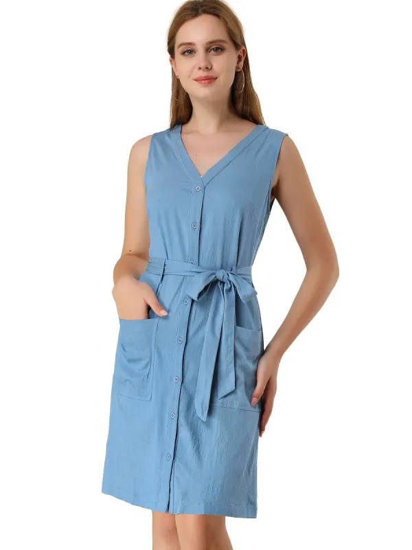 Women's V Neck Sleeveless Button Up Split Above the Knee Dress with Belt sold by Allegra K