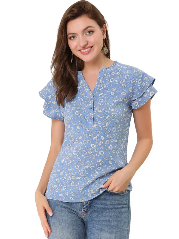Women's Floral Print Top Tiered Sleeve Button Down V Neck Casual Blouse sold by Allegra K