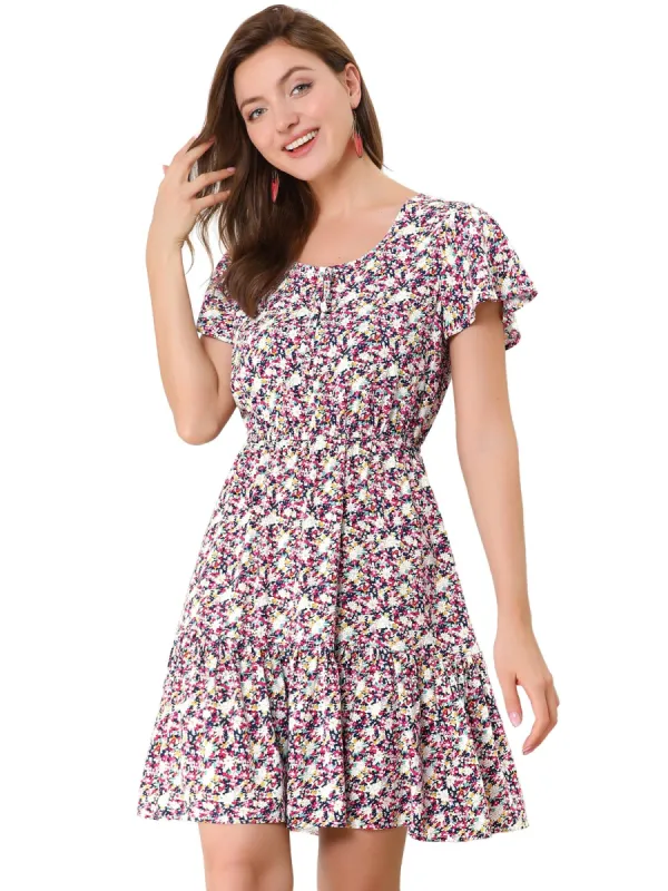 Women's Flutter Sleeve Elastic Waist Swing Ruffle Hem Floral Dress sold by Allegra K