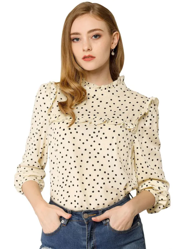 Women's Ruffle Trim Polka Dots Blouse Long Sleeve Back Bow Tie Cute Top Shirt sold by Allegra K