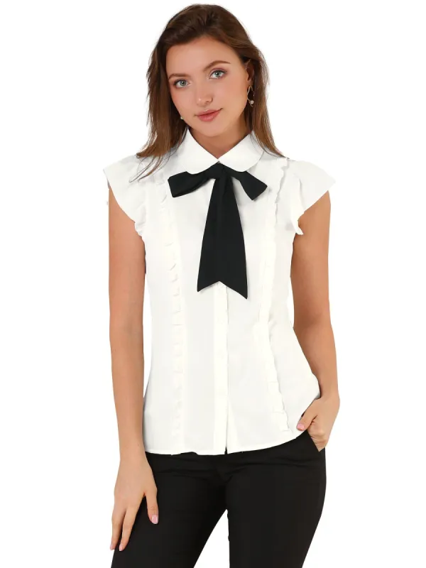 Ruffle Short Sleeve Bow Tie Button Up Chiffon Peter Pan Collar Shirt sold by Allegra K