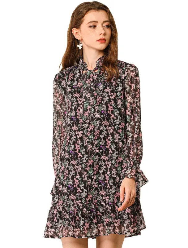 Women's Ruffle Tie Neck Loose Shift Floral Dress sold by Allegra K