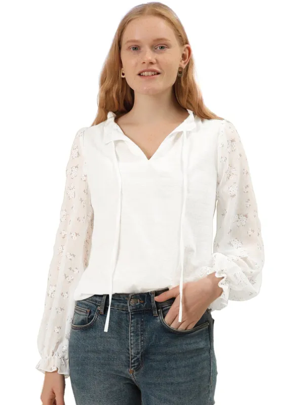 Women's Tie Neck Floral Peasant Long Sleeve Blouse Top sold by Allegra K