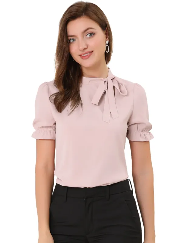Women's Bow Tie Neck Tops Elegant Office Short Sleeve Blouse sold by Allegra K