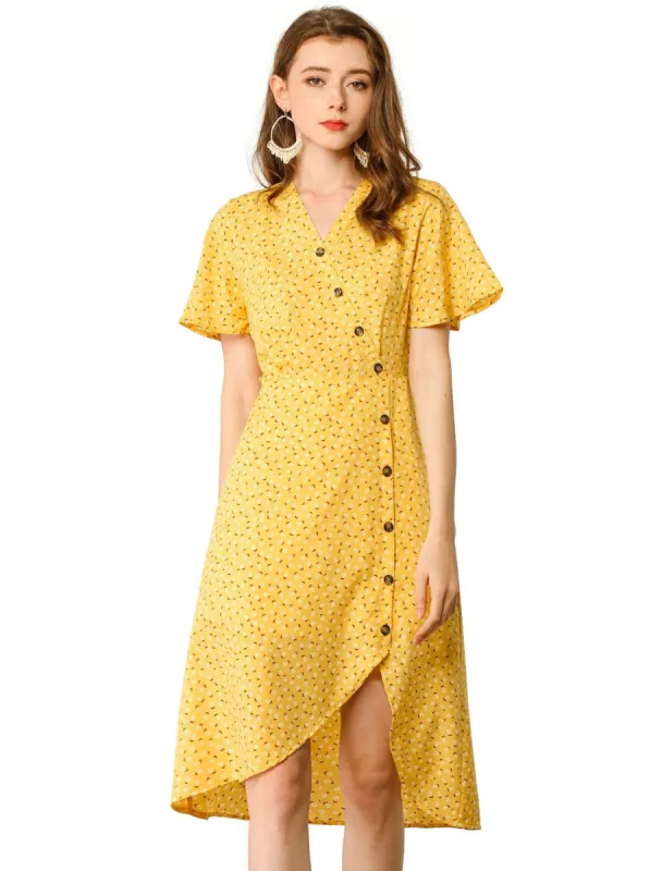 Women's Short Sleeve Casual V Neck Asymmetrical High Low Floral Midi Dress made by Allegra K