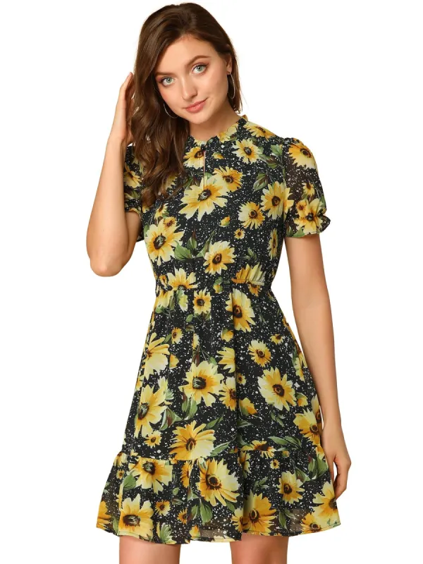 Women's Ruffle Collar Split Neck Sunflower Floral Printed Flare Sleeve Tie Waist Belted Dress sold by Allegra K