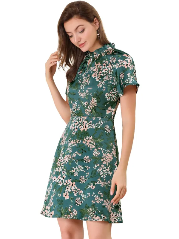 Women's Floral Pleated Collar Keyhole Front Raglan Sleeve Casual A-Line Dress sold by Allegra K