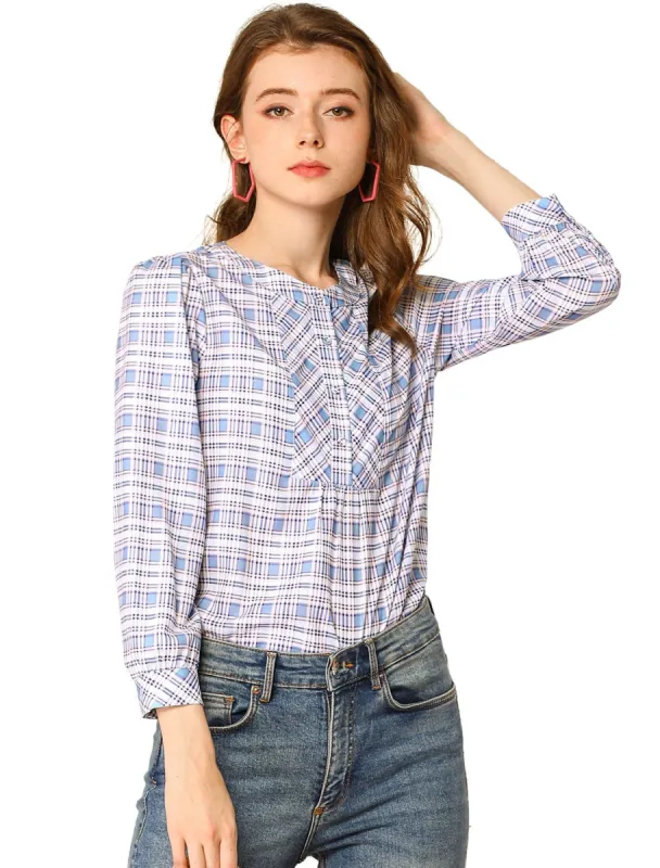 Women's Plaid Button Blouse Casual Round Neck Shirt Tops sold by Allegra K