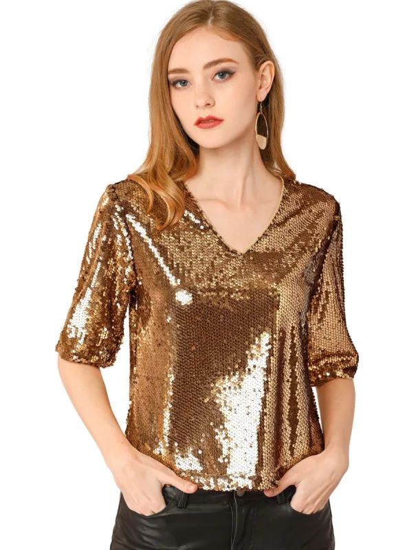 Women's Metallic Sequin Party Blouse V-Neck Half Sleeve Casual Tops sold by Allegra K