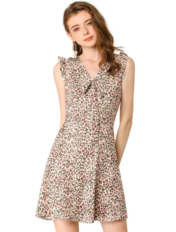 Women's Floral V Neck Backless Lace-Up Sleeveless Skater Dress made by Allegra K