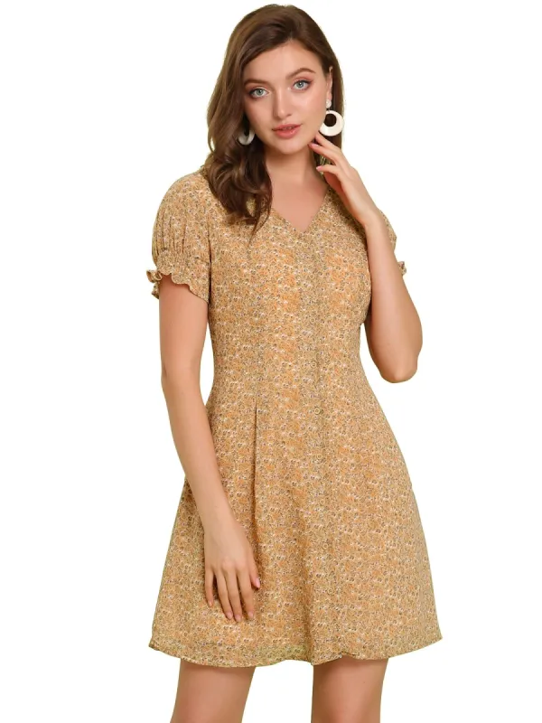 Women's V Neck Short Sleeve Button Up Chiffon Floral Flowy Dress sold by Allegra K