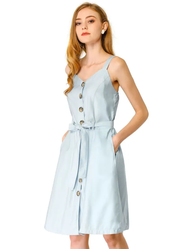 Women's Sweetheart Neck Belted Pockets Button Front Strap Cami Dress sold by Allegra K