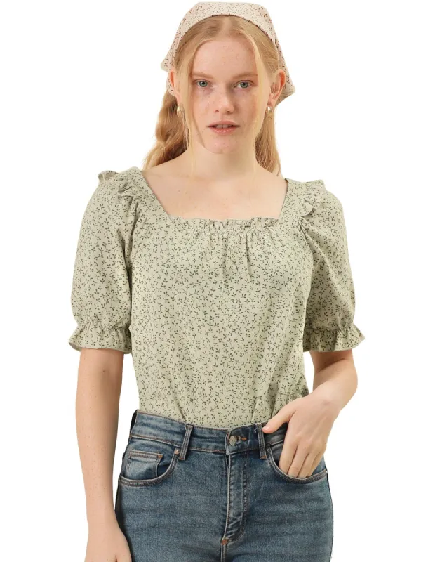 Women's Square Neck Puff Sleeve Ruffled Peasant Floral Blouse Top sold by Allegra K