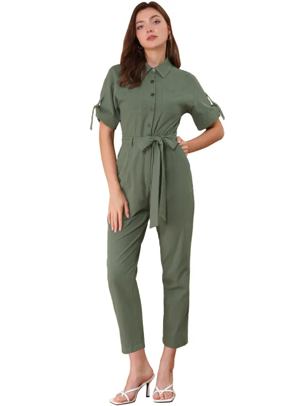 Women's Vintage Turndown Collar Button Up Tie Waist Jumpsuit with Pockets sold by Allegra K