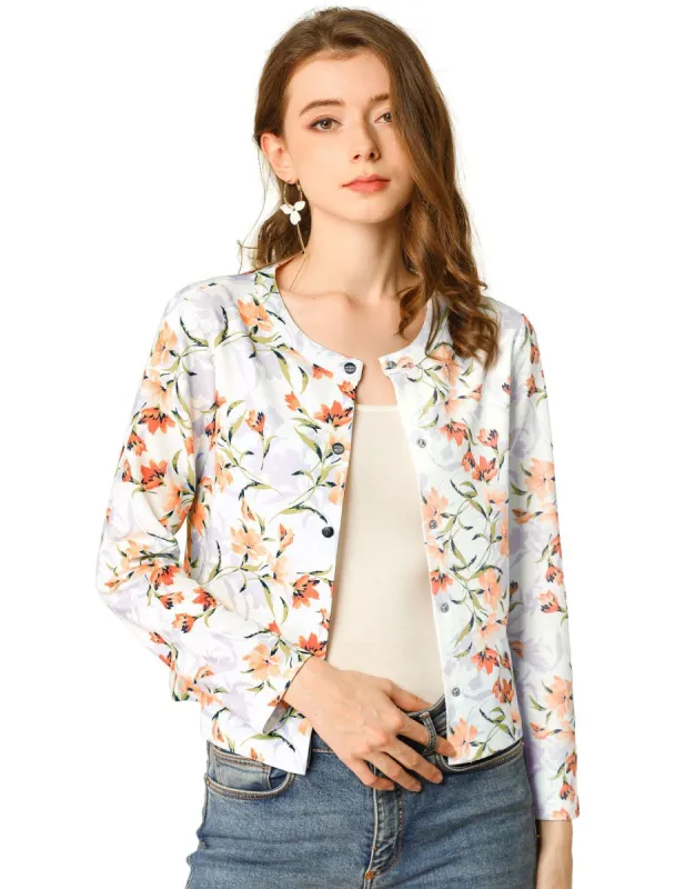 Women's Spring Floral Printed Cardigan Long Sleeves Elegant Button Down Shirt Top sold by Allegra K