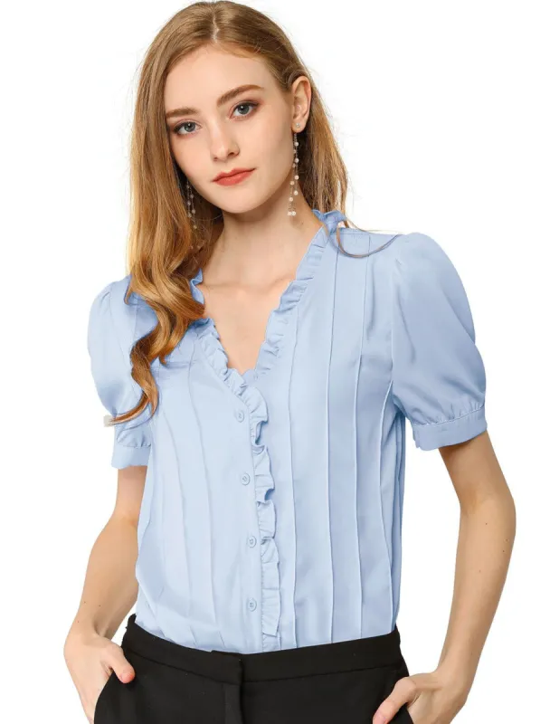 Women's V Neck Ruffle Casual Puff Sleeve Blouse Solid Color Cute Top sold by Allegra K