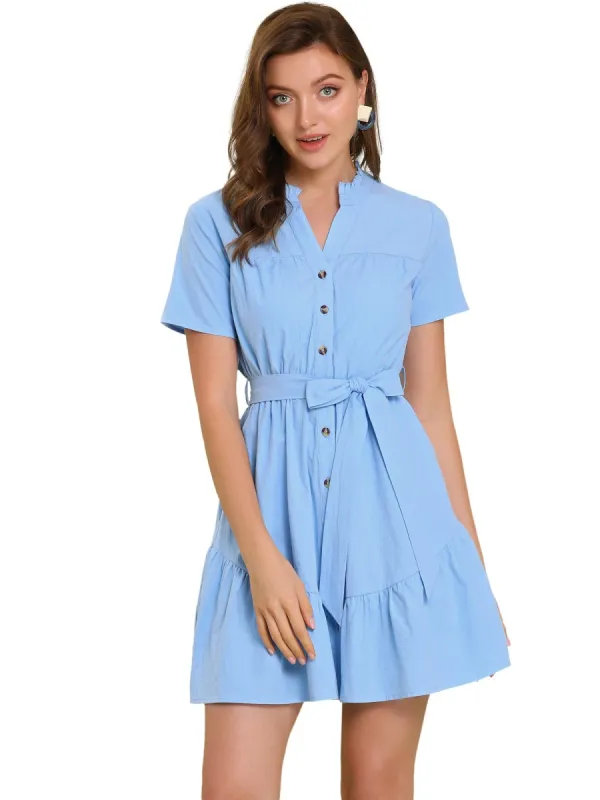 Women's Cotton Button Down Shirt Dress Ruffle Collar Neck Belted Hem Short Sleeve Casual Above Knee Shirtdress sold by Allegra K