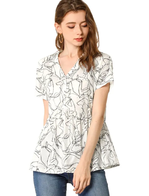 Women's V Neck Blouse Casual Loose Short Sleeve Printed Top sold by Allegra K