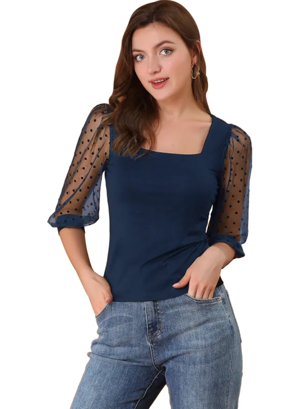 Women's Retro Square Neck Blouse Slim Fit Semi Sheer 3/4 Mesh Sleeve Tops sold by Allegra K