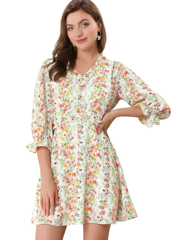 Women's Ruffle Floral 3/4 Sleeve A-line V Neck Flare Dress sold by Allegra K