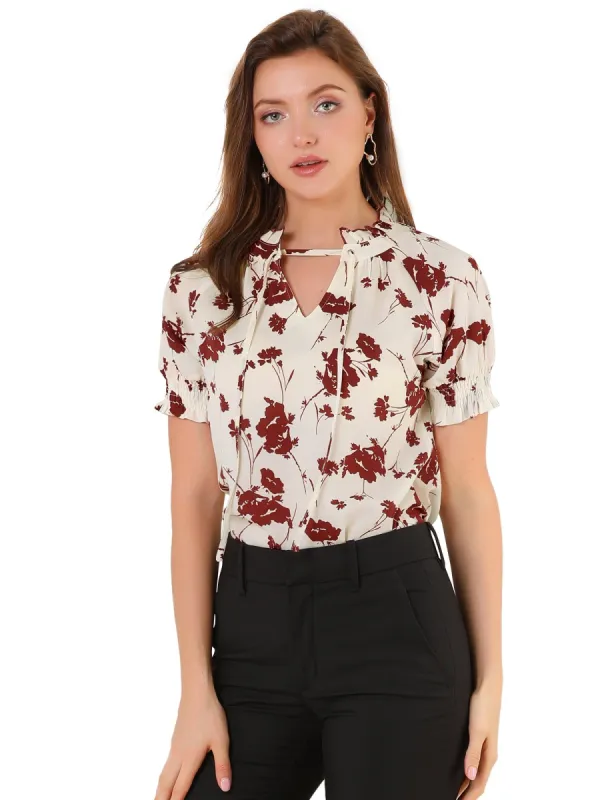 Women's Ruffle Tie V Neck Casual Smocked Short Sleeve Floral Top Blouse sold by Allegra K