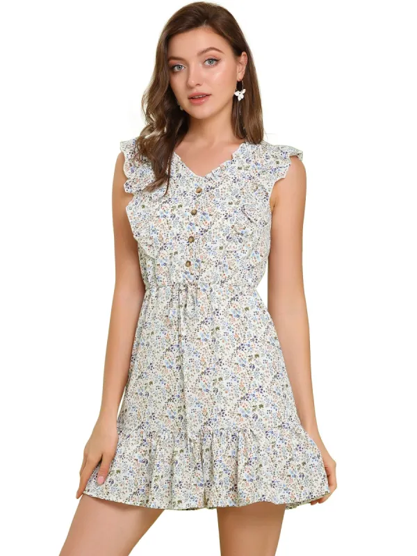 Women's V Neck Ruffle Sleeveless Mini Floral Dress sold by Allegra K