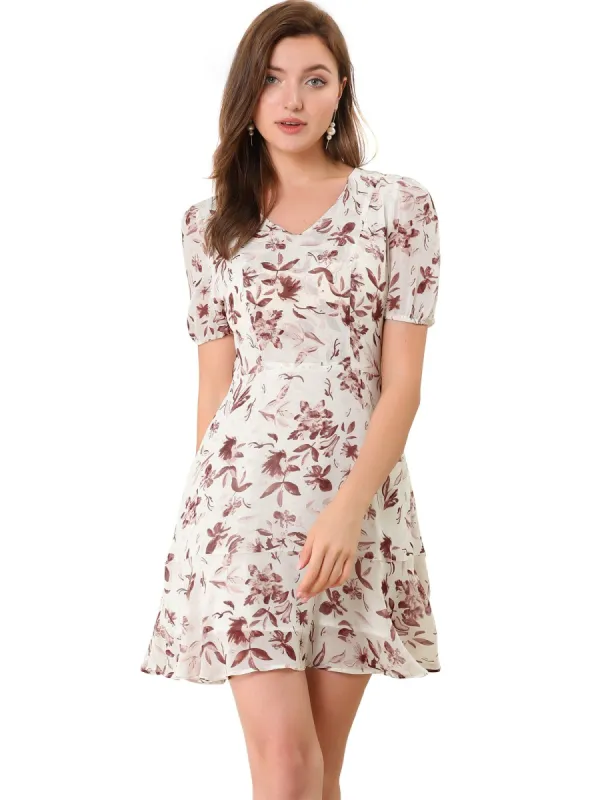 Women's Floral Ruffle Hem V Neck A-Line Short Sleeve Chiffon Mini Dress sold by Allegra K