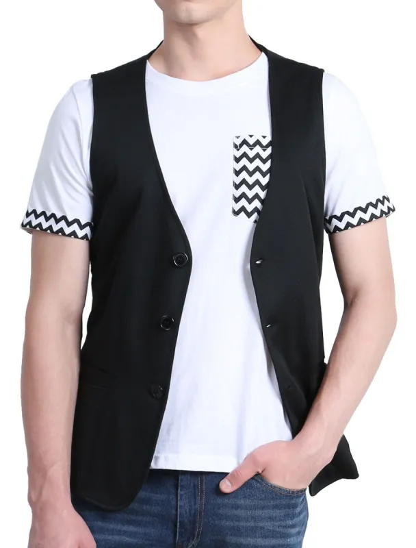 Men's V Neck Sleeveless Two Pockets Button Down Solid Color Vest made by Allegra K