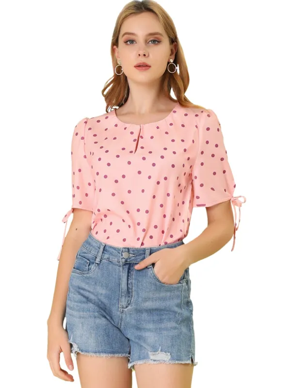 Women's Polka Dots Puff Sleeve Scoop Neck Tops Blouses sold by Allegra K