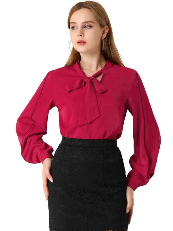 Women's Long Sleeve Tops Tie V Neck Contrast Color Piped Work Loose Blouse T Shirts sold by Allegra K