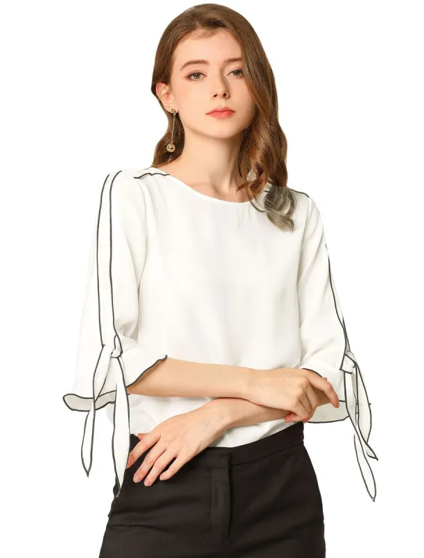 Women's Office Blouse Ruffle Elbow Tie Sleeve Round Neck Elegant Top sold by Allegra K