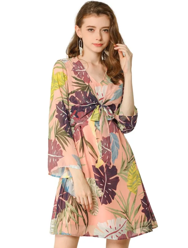 Women's V Neck Tie Front Tropical Floral Print Dress sold by Allegra K