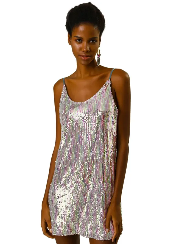 Allegra K Glitter Sequin V Neck Spaghetti Strap Dress sold by Allegra K