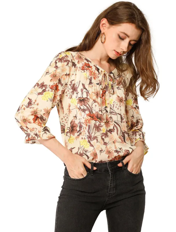 Women's Tie V Neck Casual Boho Ruffled 3/4 Sleeve Floral Blouse Tops sold by Allegra K