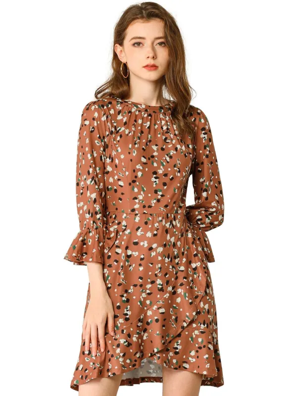 Women's Leopard 3/4 Bell Sleeves Asymmetrical Hem Dress made by Allegra K