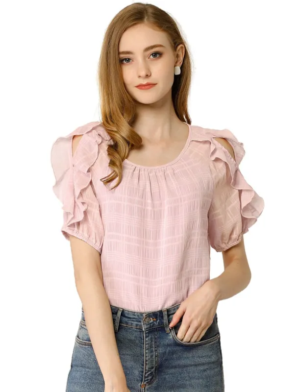 Women's Summer Ruffle Blouses Boat Neck Chiffon T-Shirts Out Shoulder Tops sold by Allegra K