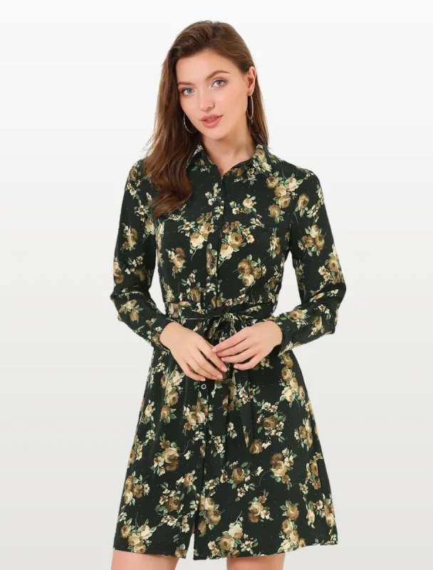 Allegra K Lapel Button Down Belted Floral Shirt Dress sold by Allegra K