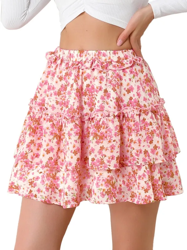 Women's Layered Ruffle Hem Chiffon Elastic Waist A-Line Floral Mini Skirt sold by Allegra K