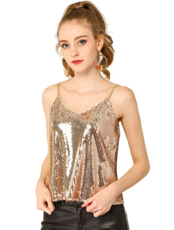 Women's Sequin Sparkle Glitter Spaghetti Strap Crop Camisole Tank Top sold by Allegra K