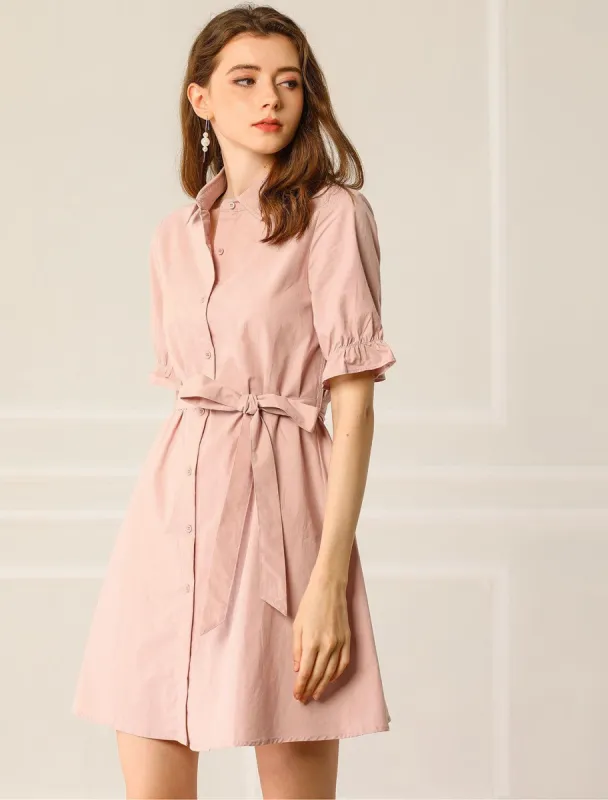 Women's Casual Short Ruffled Sleeve Cotton Solid Color Button Down Shirt Dress with Belt sold by Allegra K