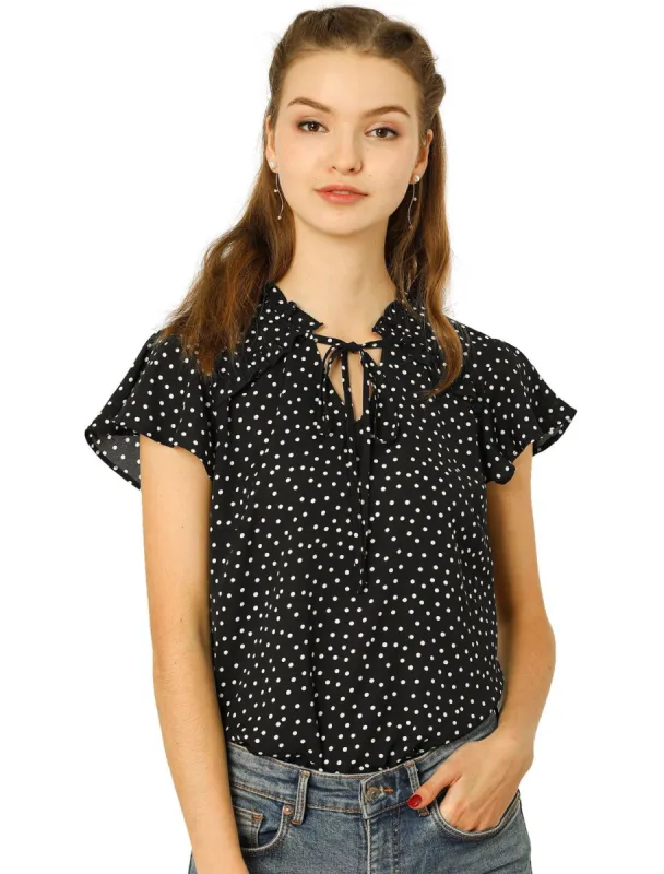 Women's Polka Dot Blouse Flare Sleeve Ruffle Tie Neck Top Shirt sold by Allegra K