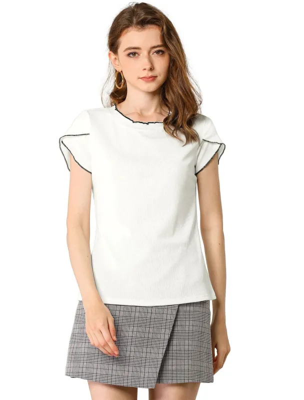 Women's Elegant Tops Contrast Color Round Neck Cap Sleeve Solid Casual Shirt sold by Allegra K
