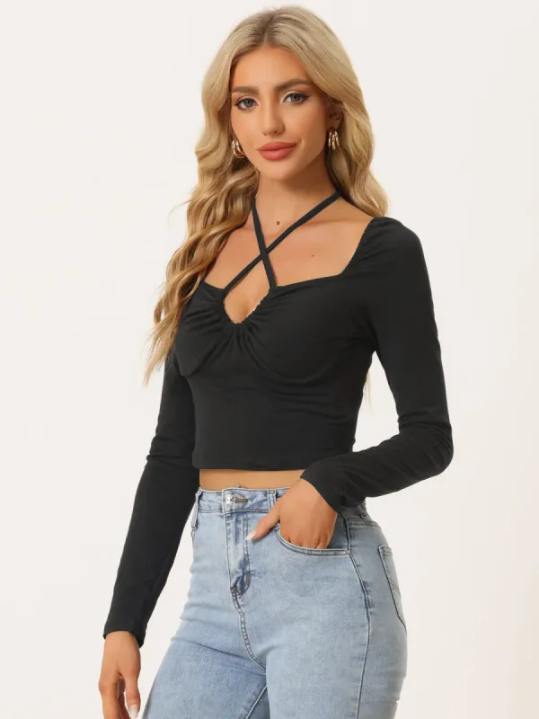 Women's Cross Halter Neck Tops Sexy Long Sleeves T-Shirt sold by Allegra K