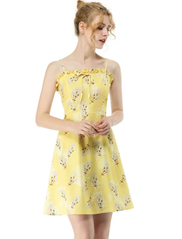 Spaghetti Strap Ruffled Square Neck Smocked Floral Mini Dress sold by Allegra K