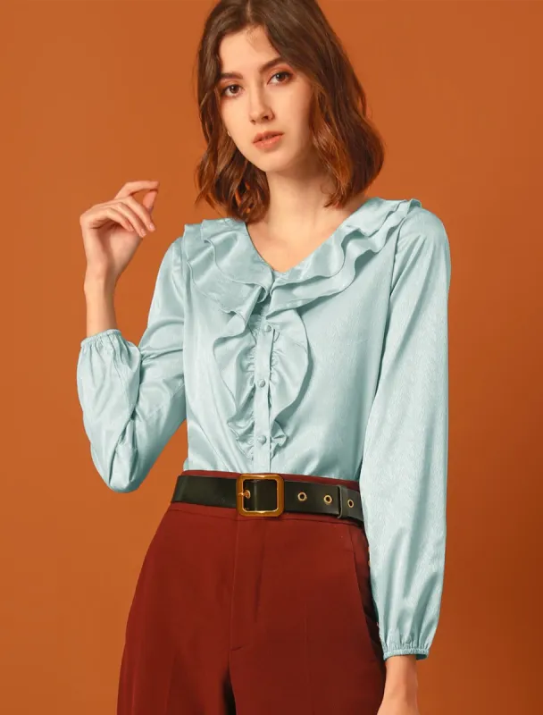 Satin Ruffle V-Neck Textured Shiny Long Puff Sleeve Button Up Shirt sold by Allegra K