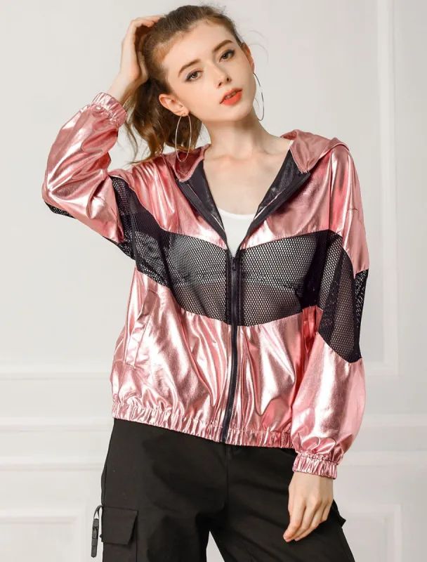 Mesh Hollow Out Hooded Shiny Metallic Holographic Jacket sold by Allegra K