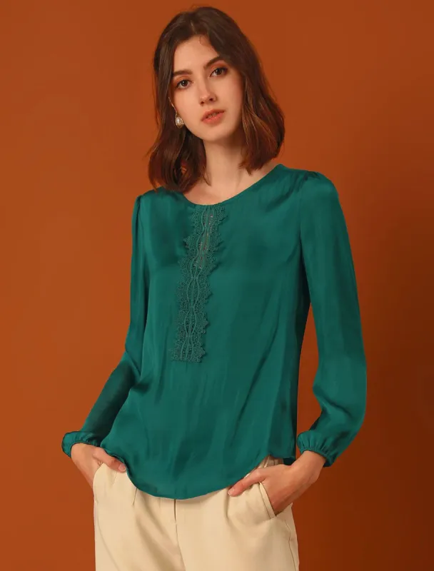 Satin Long Sleeve Blouse Round Neck Spring Work Shirt Top sold by Allegra K