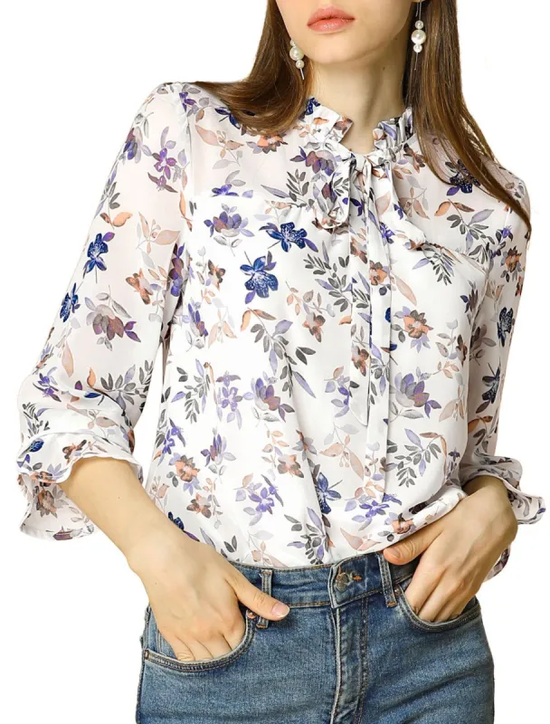 Allegra K Long Sleeve Tie Neck Ruffle Collar Floral Print Top sold by Allegra K